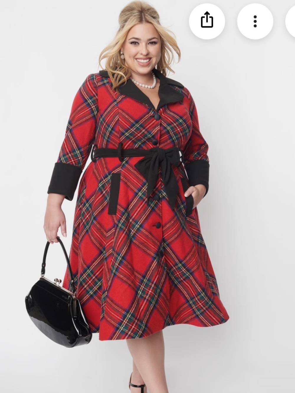 Unique Vintage Red Plaid Circle Coat with Black Trim